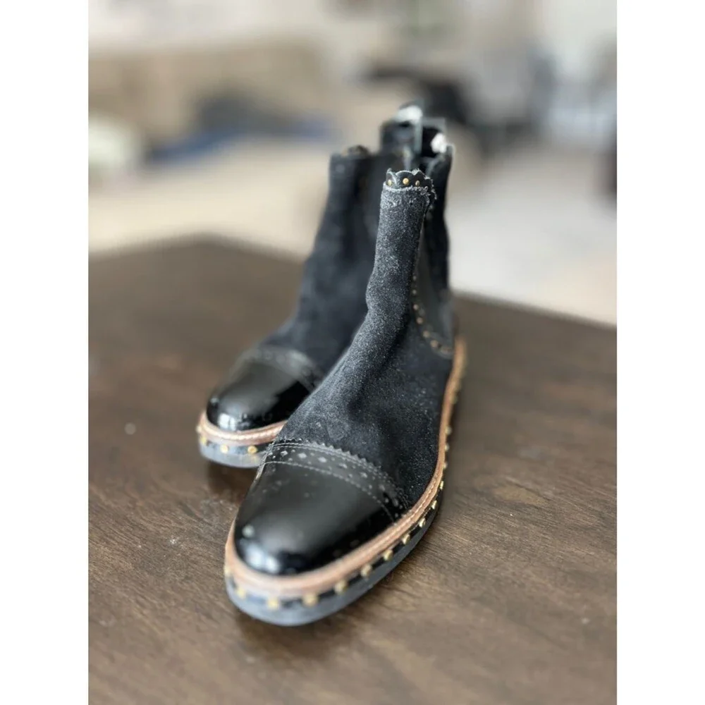 Free People Atlas Chelsea 7/7.5 Black Suede & Patent Leather Studded Ankle Boots